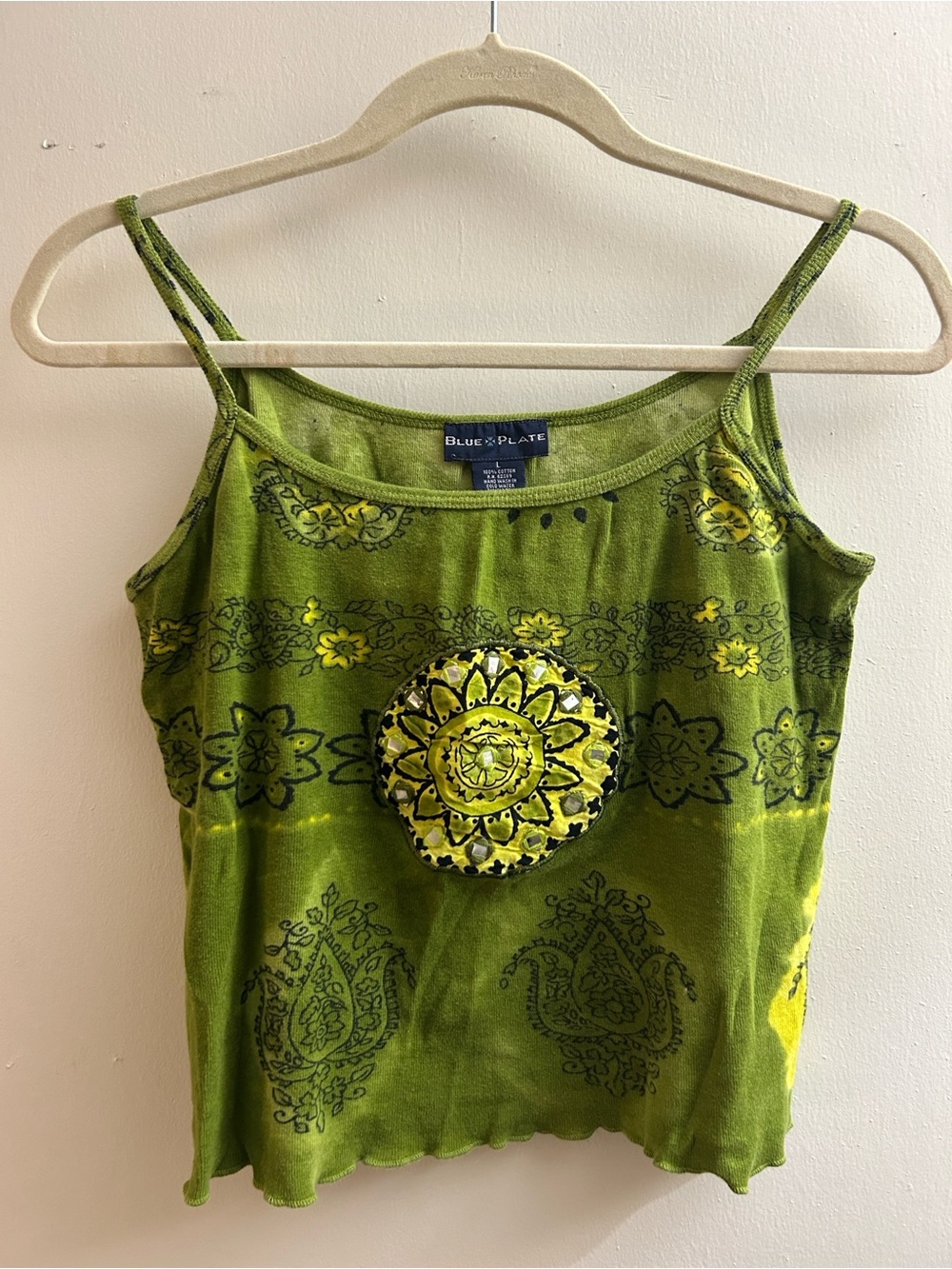 Blue Plate Green Embellished Medallion Cami Y2K Boho Size Large